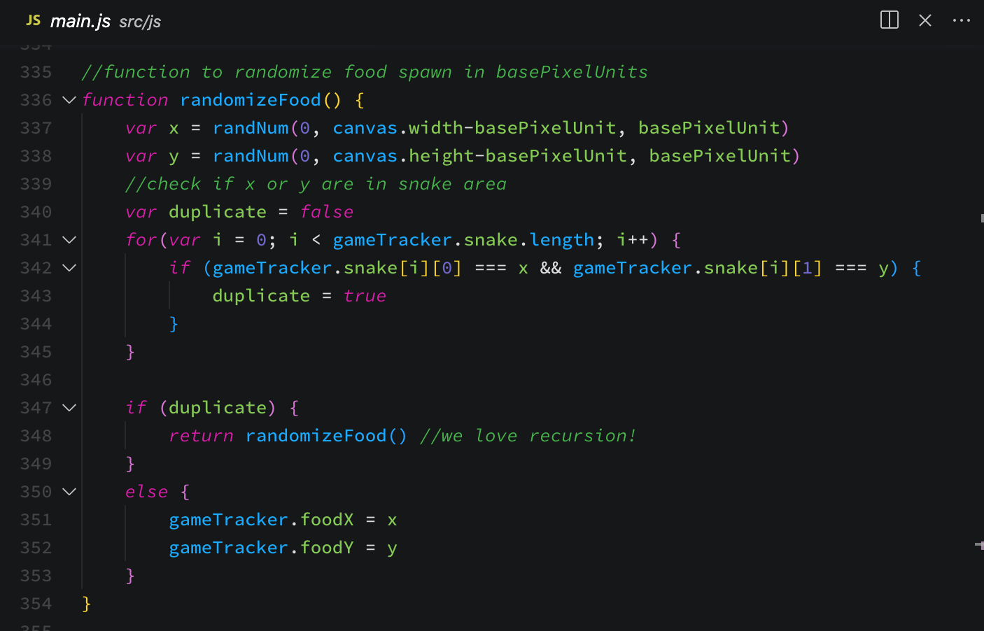 screenshot of code showing randomizefood recursive function