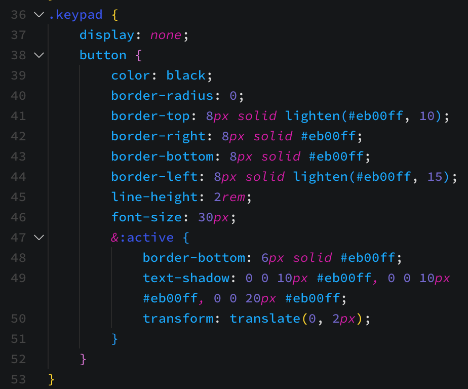 screenshot of code showing CSS for custom onscreen keypad
